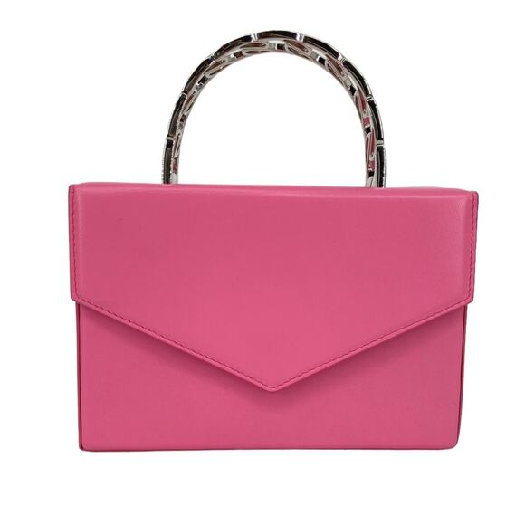 Amina Muaddi Superamini Pernille Leather Silver Chain Top Handle Bag in Pink - Picture 1 of 15